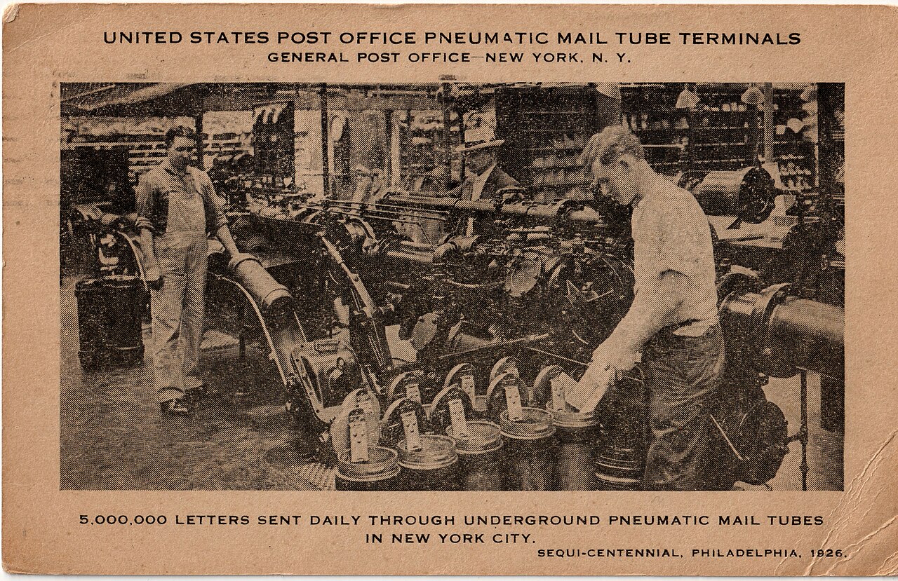 United States Post Office pneumatic mail tubes in operation in New York City, 1926