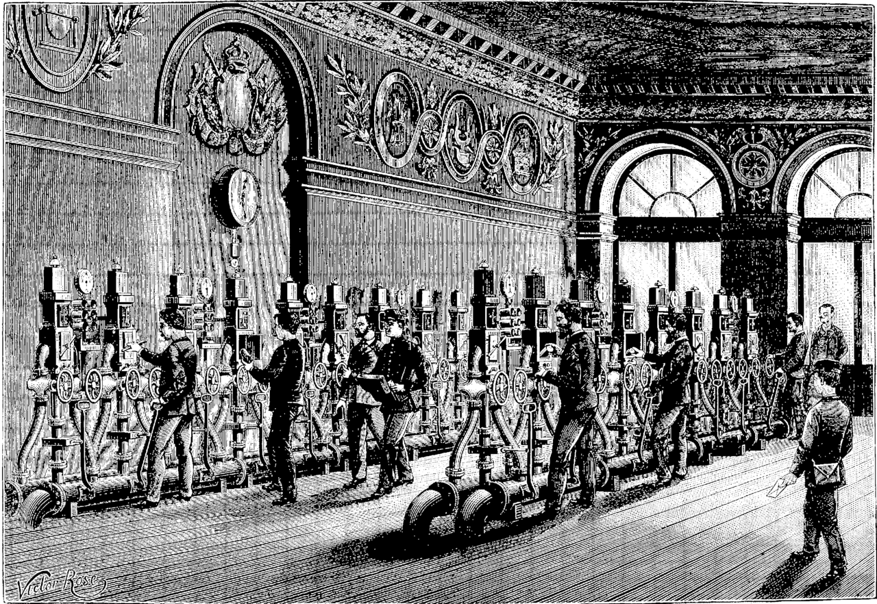 The pneumatic post office at Place de la Bourse, Paris, engraved for Louis Figuier